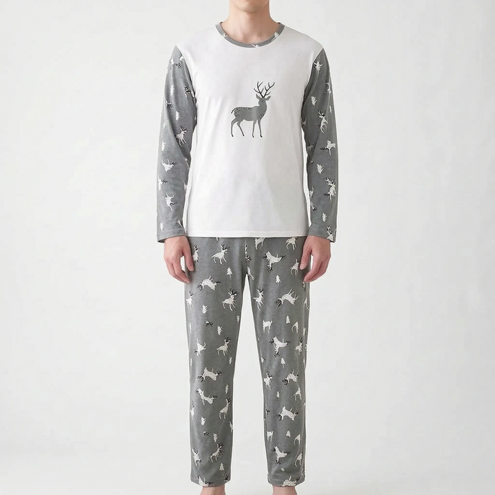 Versatile men's long sleeve printed nightwear set, designed for relaxed sleep or casual home lounging.
