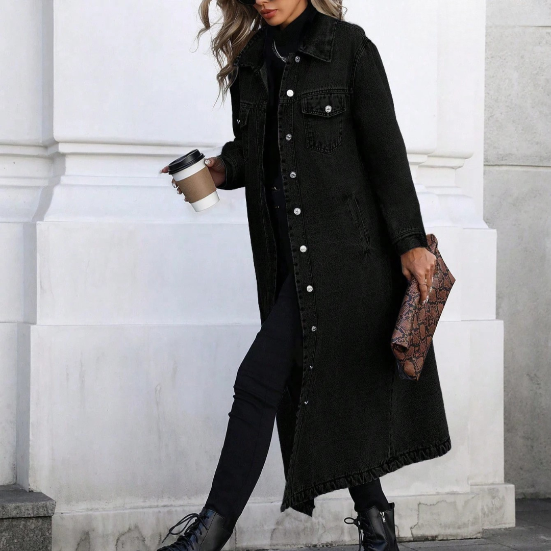 Chic women's long oversized coat, a perfect button-down outerwear for transitional weather & versatile style.