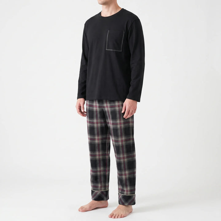 Comfortable men's Henley pajamas with long sleeves, ideal for lounging and sleep.