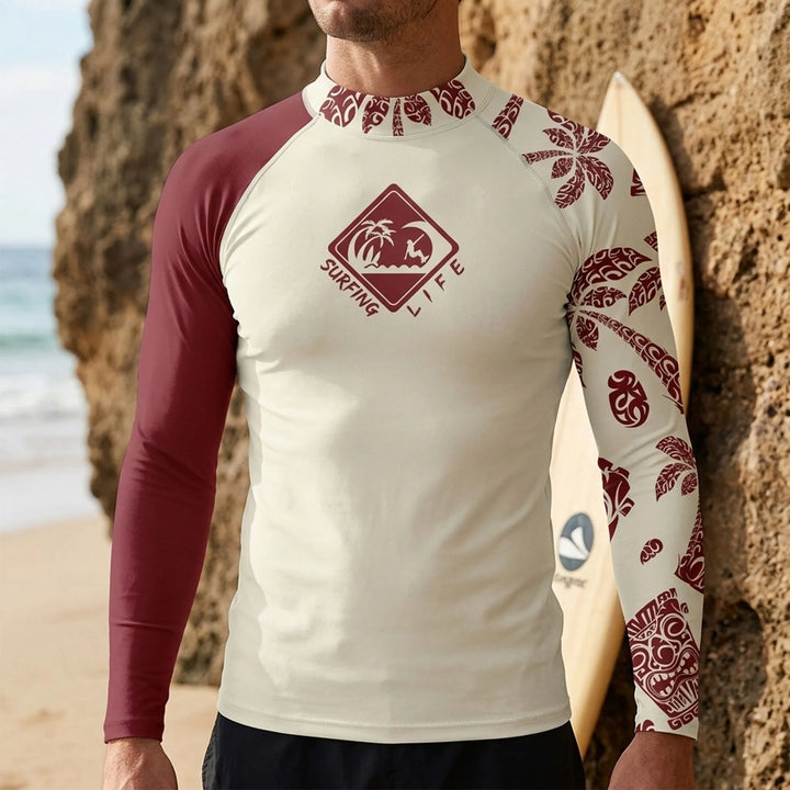 Men's long sleeve rash guard. Athletic swimwear for water sports, surfing, and excellent sun protection.