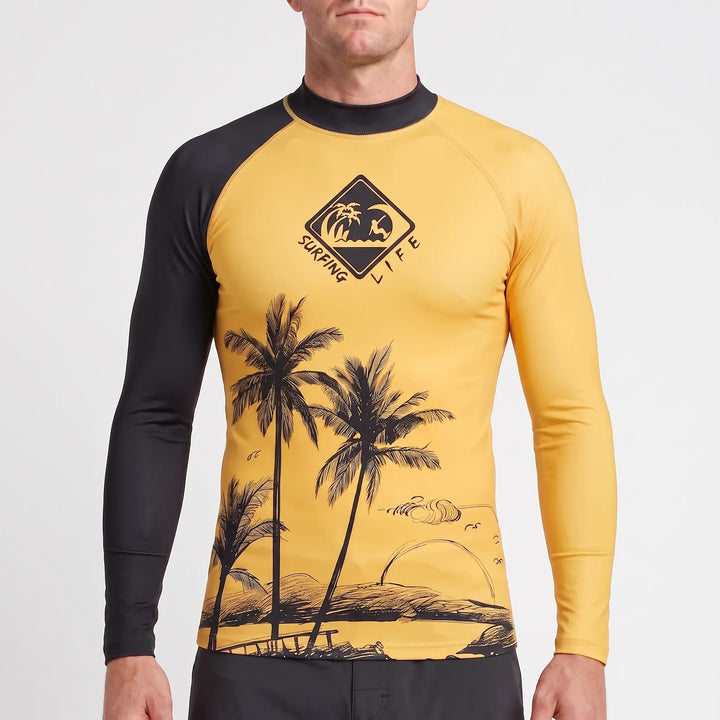 Surf shirt for men. Long sleeve rash guard providing excellent sun protection for various water sports.