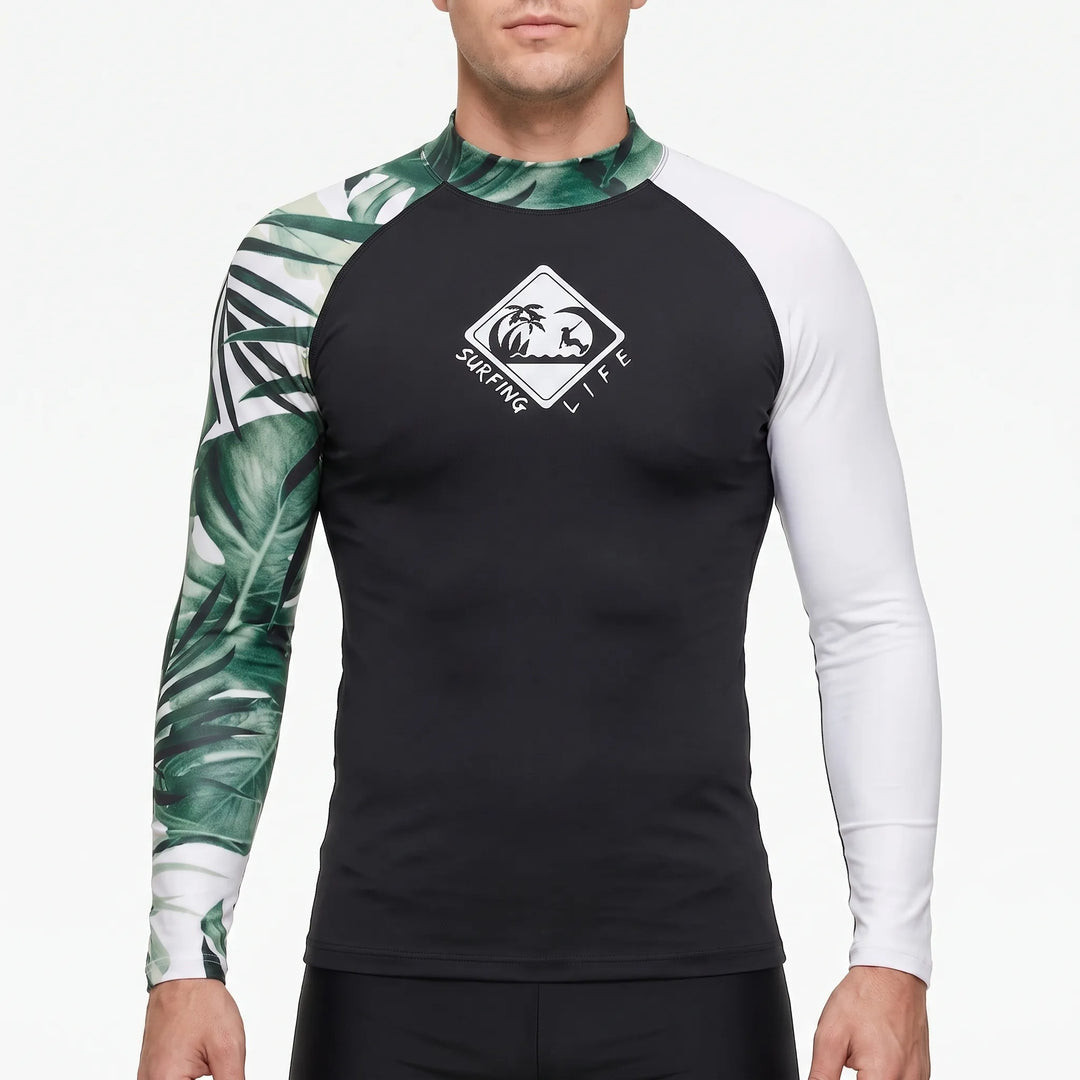 Men's long sleeve athletic rash guard. Essential swimwear for surfing, swimming, and sun protection.