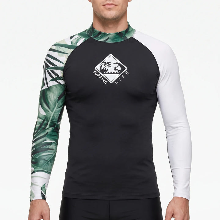 Men's long sleeve athletic rash guard. Essential swimwear for surfing, swimming, and sun protection.