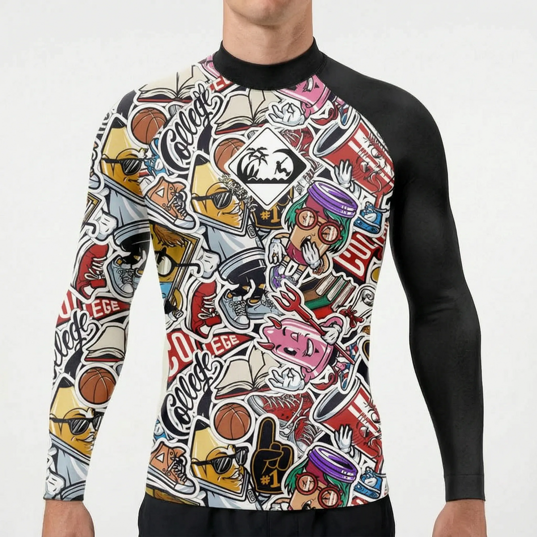 Men's long sleeve rash guard for swimming, surfing, and sun protection. High-performance athletic wear.
