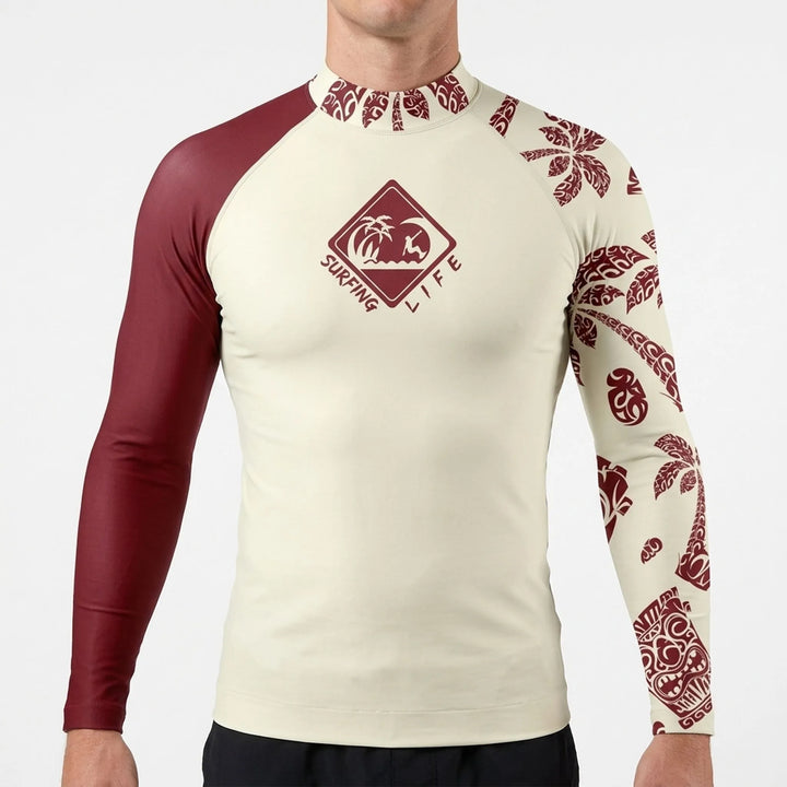 Athletic men's long sleeve rash guard. Quick dry swimwear providing superior sun protection for water sports.