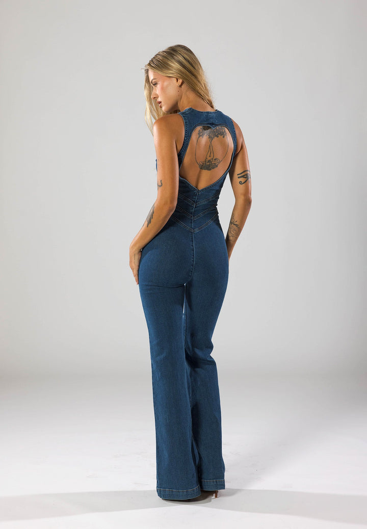 Elegant women's jumpsuit featuring a unique heart plunge neckline, ideal for evening wear.