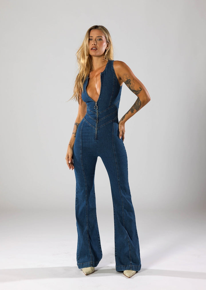 Sophisticated women's fitted jumpsuit with a heart-shaped plunge neck, great for special events.