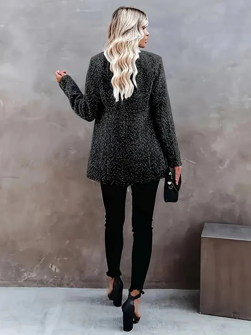 Versatile women's grey herringbone tailored coat. Open front design, ideal elegant outerwear for winter & professional wear.