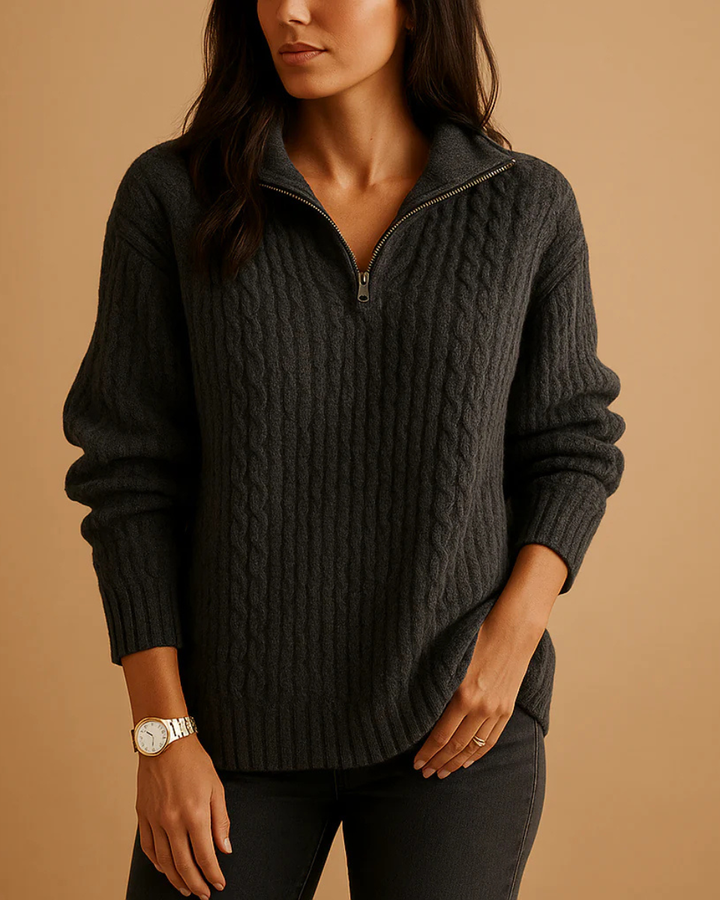 Stylish woman wearing a casual half-zip structured sweater, perfect for versatile everyday comfort & fall fashion.