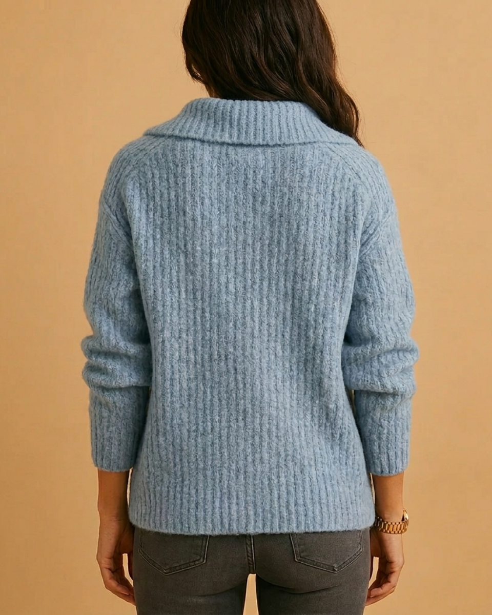Polished women's half-zip structured sweater, offering smart casual style and versatile comfort for modern women.