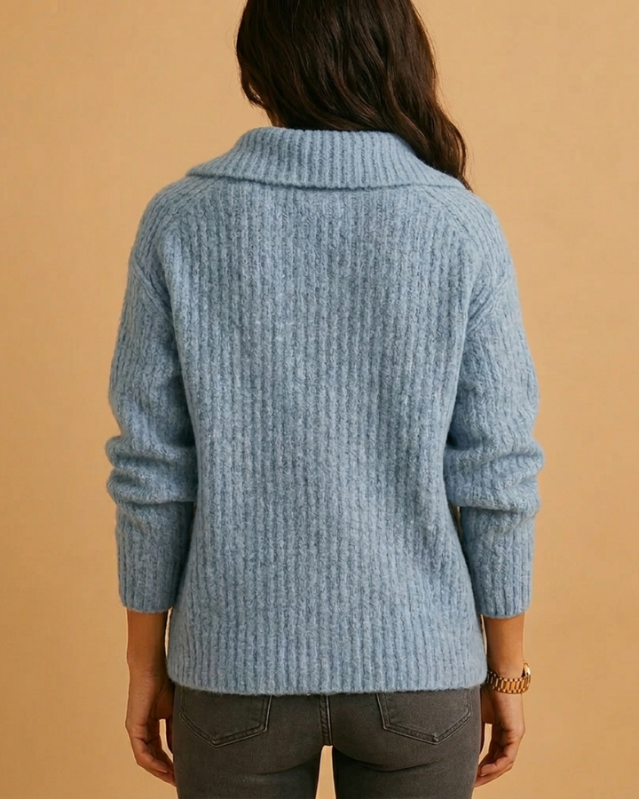 Polished women's half-zip structured sweater, offering smart casual style and versatile comfort for modern women.