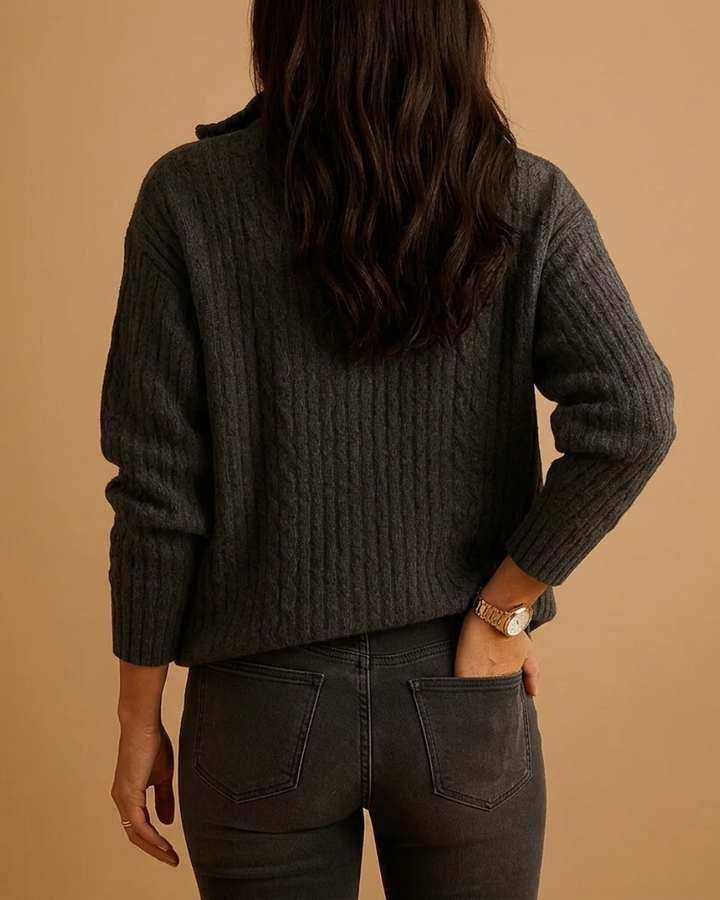 Chic women's half-zip structured sweater, a versatile long-sleeve layering piece for polished fall fashion.