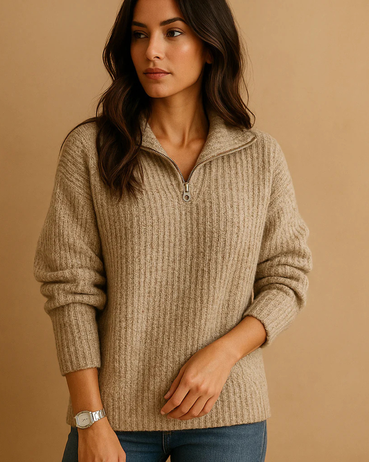 Women's half-zip structured sweater, offering polished comfort & versatile style for everyday wear.