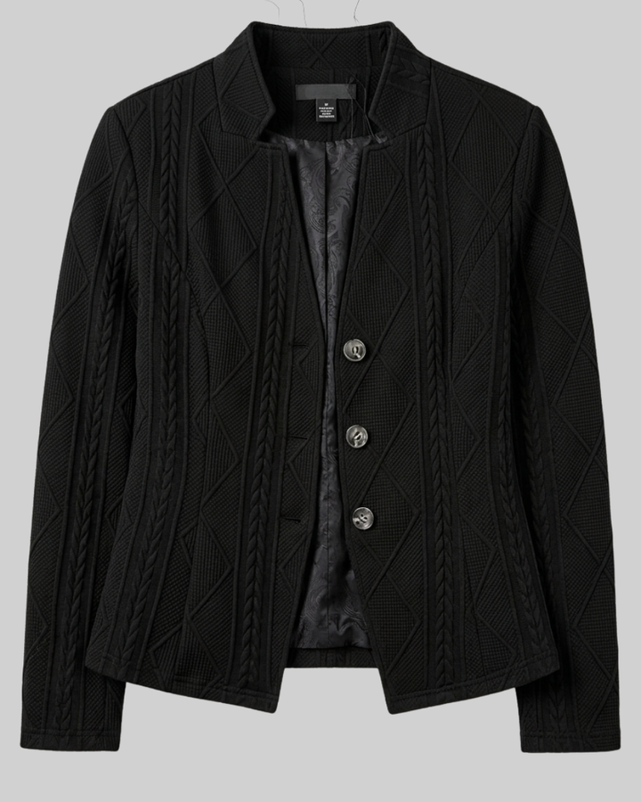 Chic women's tailored jacket, styled for smart casual and elegant office fashion.
