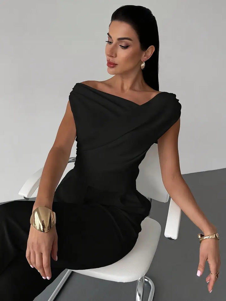 Women's versatile elegant sleeveless blouse, overlap neck for stylish comfort.