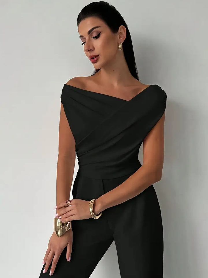 Sophisticated women's overlap neck sleeveless top, perfect for elegant office wear.