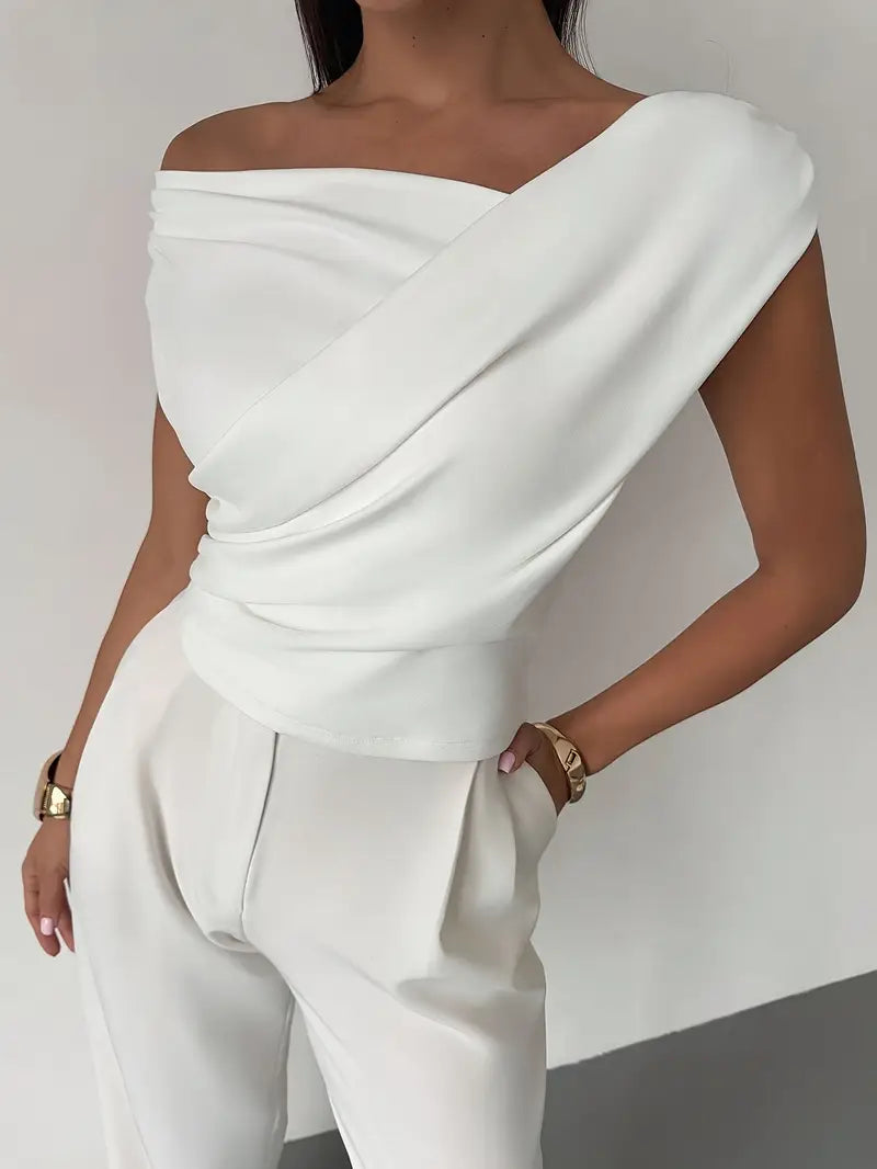 Women's stylish summer blouse: an elegant sleeveless top with overlap neck.