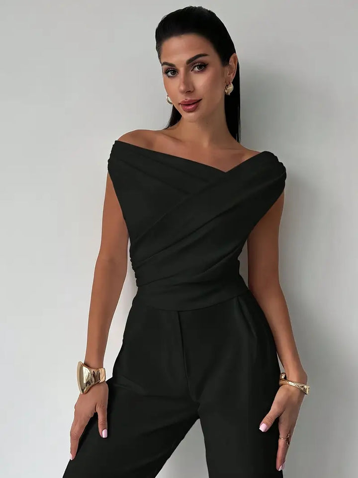 Summer-ready women's elegant sleeveless top with a unique overlap neck.