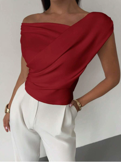 Flattering overlap neck sleeveless blouse for women, elegant and stylish for daily wear.