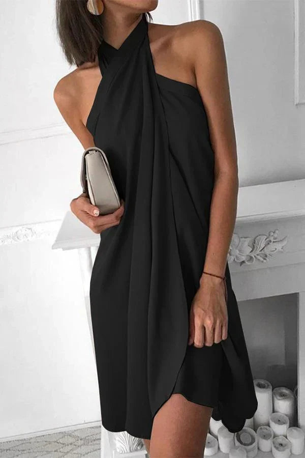 Stylish black draped halter neck bodycon party dress, a short mini perfect for elegant evenings.