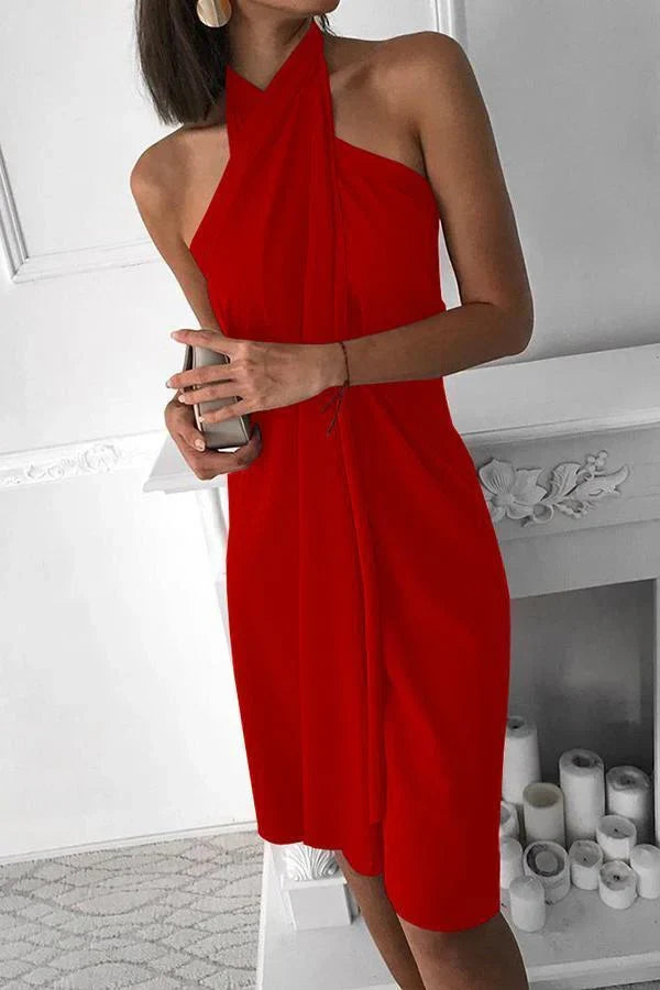 Taupe women's fitted halter neck mini dress, featuring chic draping for an elegant bodycon party look.