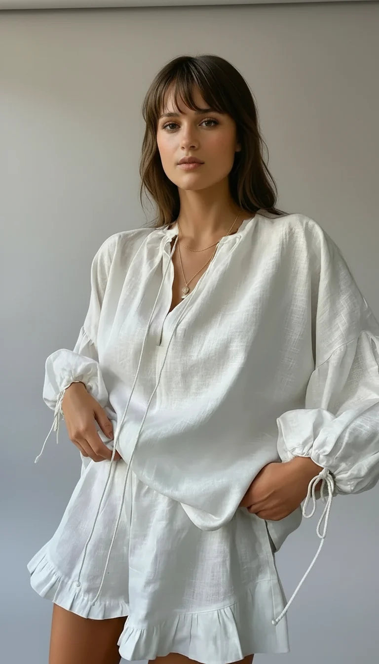 White women's ruffle loungewear shorts set, relaxed fit for ultimate summer comfort.