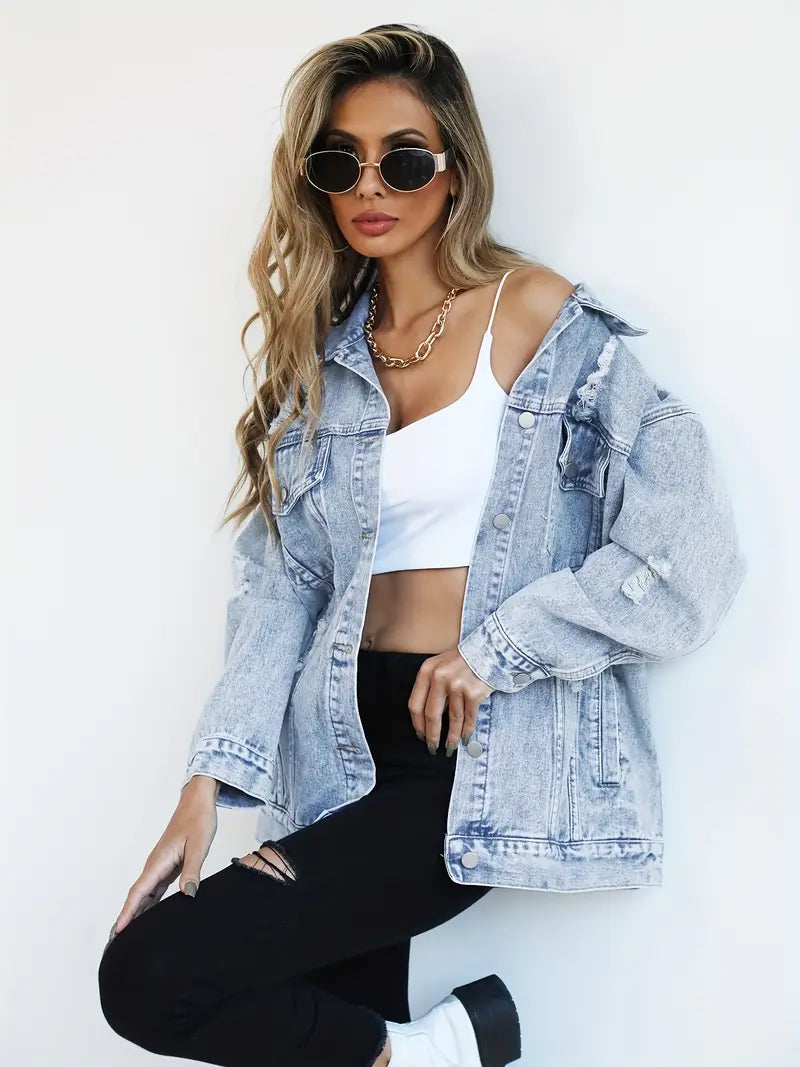 Light blue women's distressed layering jacket. Comfortable and stylish casual outerwear for everyday spring and fall wear.