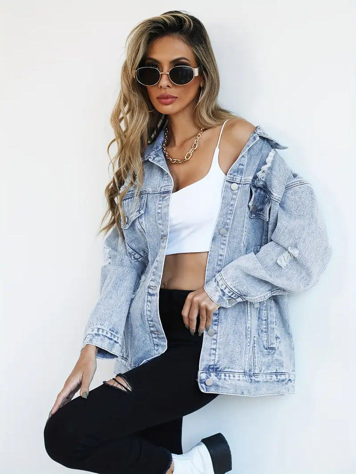 Light blue women's distressed layering jacket. Comfortable and stylish casual outerwear for everyday spring and fall wear.