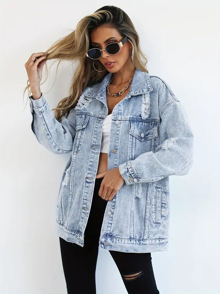 Women's light blue distressed layering jacket, perfect for casual spring & fall fashion. Comfortable everyday outerwear.