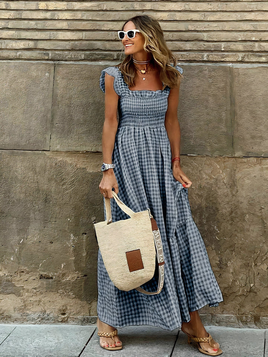 Elegant women's classic plaid maxi dress with timeless check print. Perfect fit & flare casual or versatile summer dress.