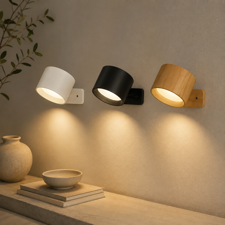 Magnetic rechargeable LED wall light for easy wireless installation, perfect for bedroom or living room decor.