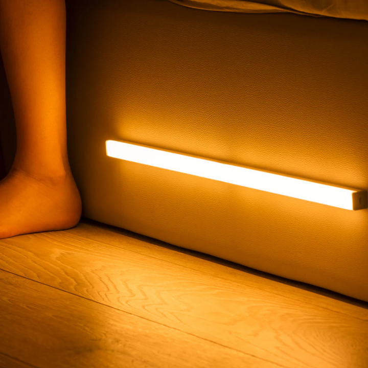 Flexible motion sensor LED strip light. Magnetic for easy mounting, USB rechargeable for convenient indoor use.