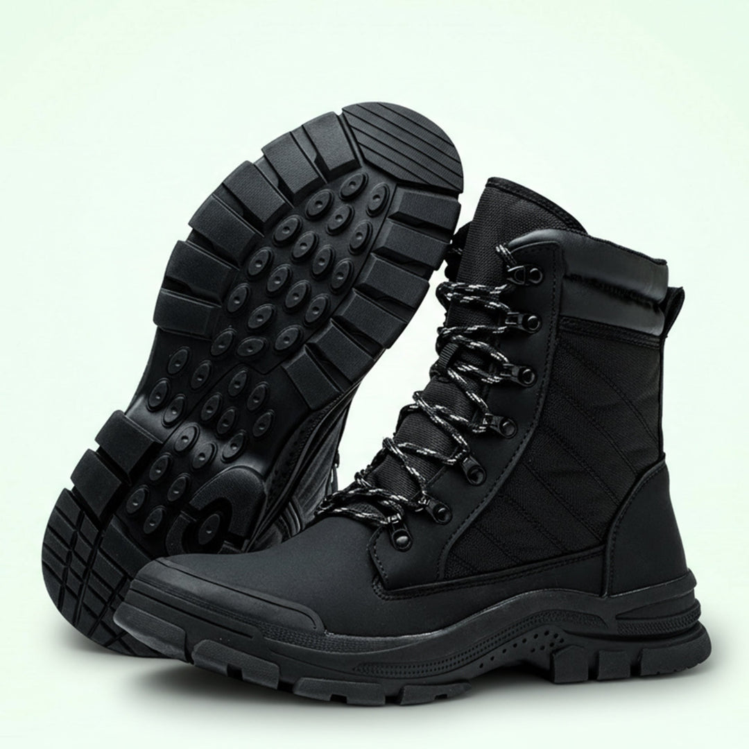 Black men's work boots, steel toe, side zip for easy wear, providing durable protection for any job site.