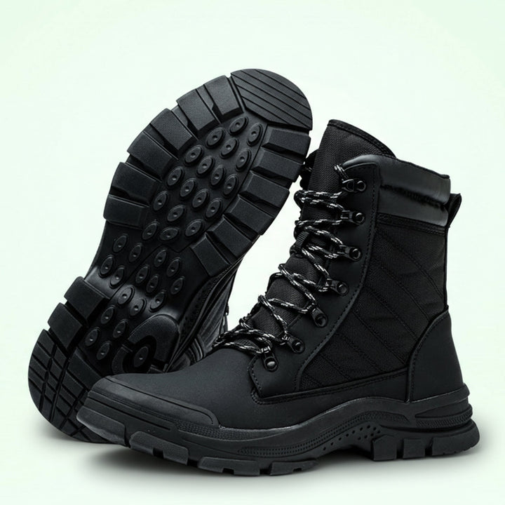 Black men's work boots, steel toe, side zip for easy wear, providing durable protection for any job site.