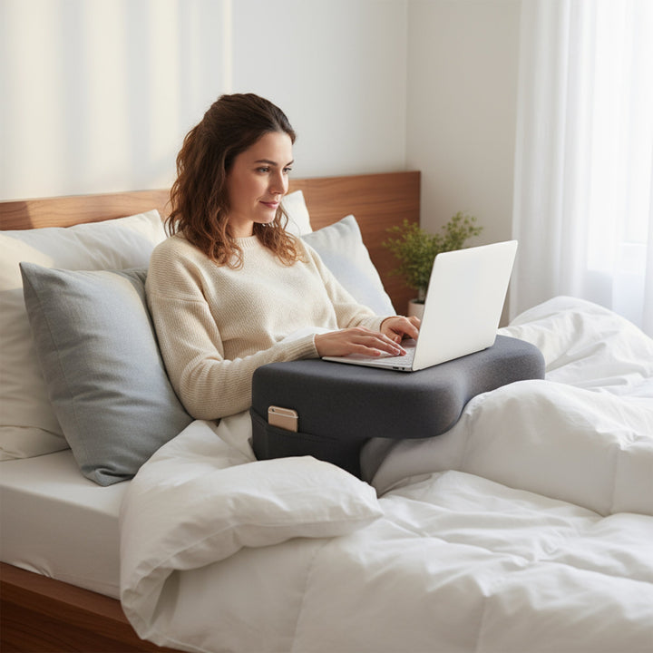 Comfortable reading pillow backrest with integrated lap desk; perfect for bed, floor, & couch use.