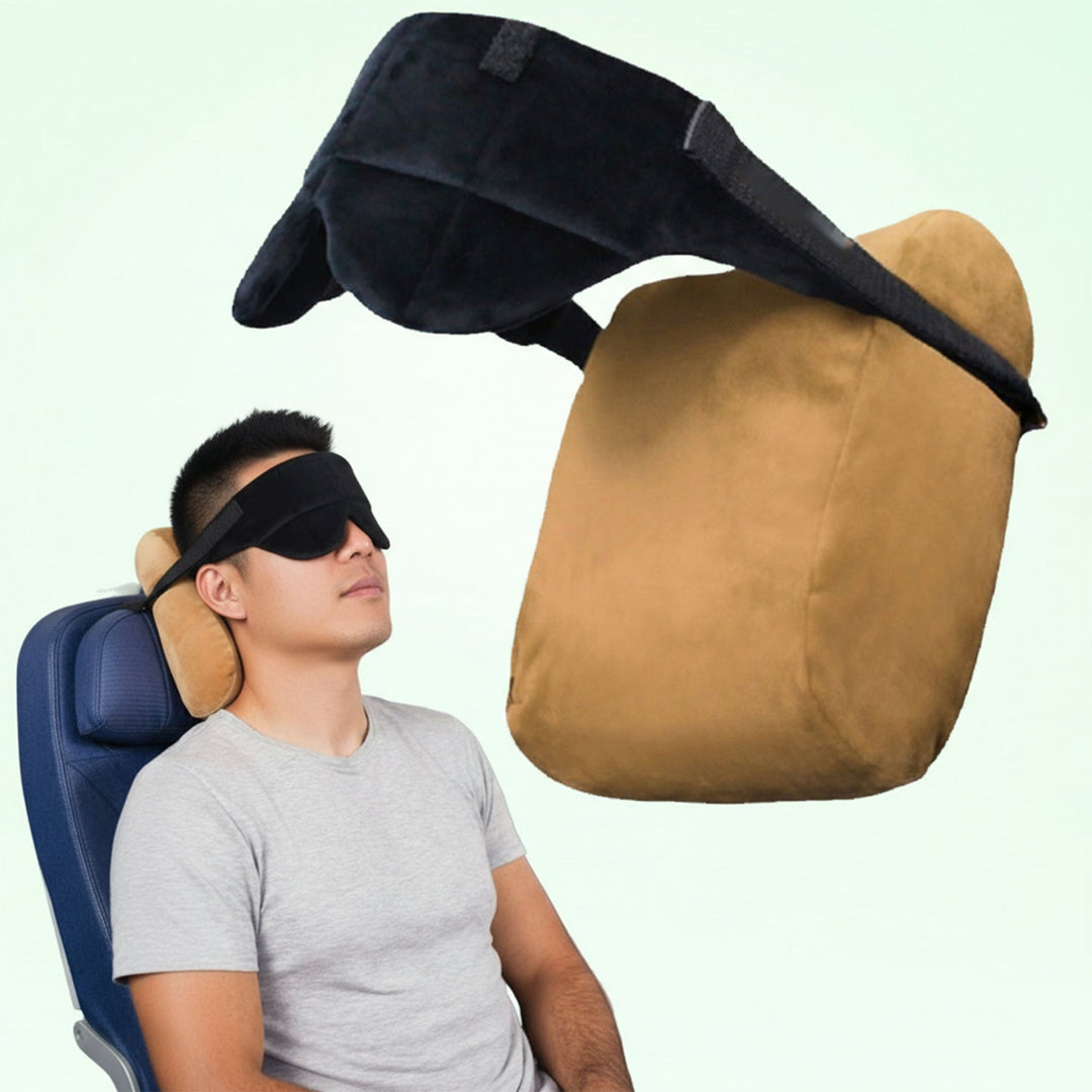 Essential travel accessories: a comfortable neck support pillow and a light-blocking sleeping mask for easy trips.