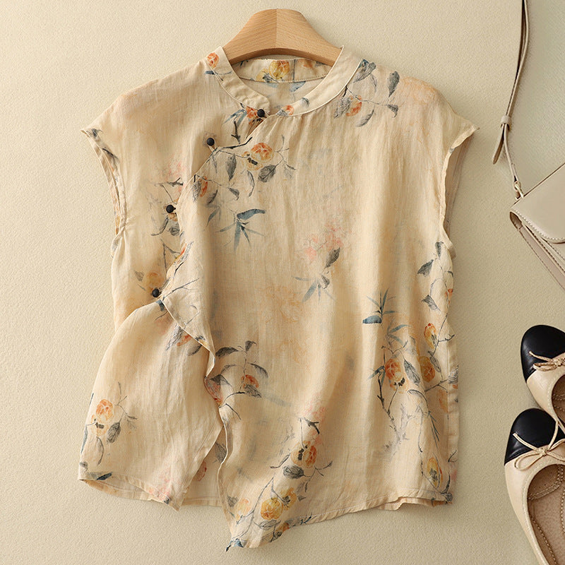 Women's floral sleeveless summer top featuring a mandarin collar. Relaxed fit for casual, feminine style.