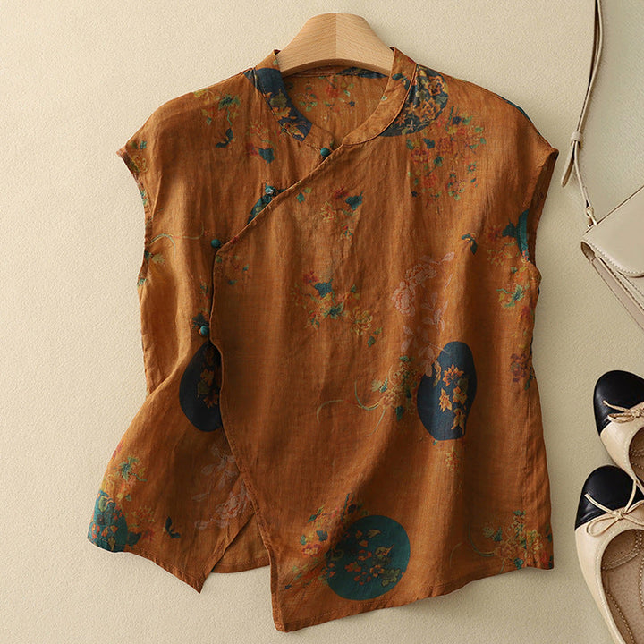 Vintage style women's floral mandarin collar sleeveless top. Perfect for summer casual wear & feminine fashion.