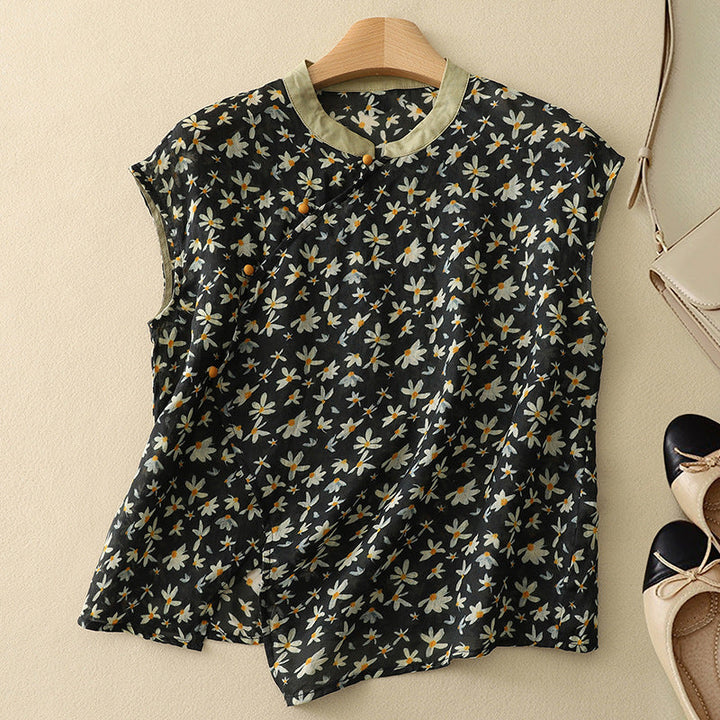 Relaxed fit floral women's top with mandarin collar. Sleeveless design, ideal for comfortable summer casual outfits.