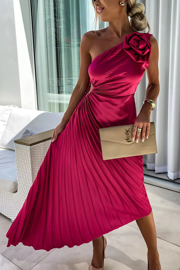 Elegant women's one-shoulder pleated midi dress for special occasions, formal parties & evening wear.