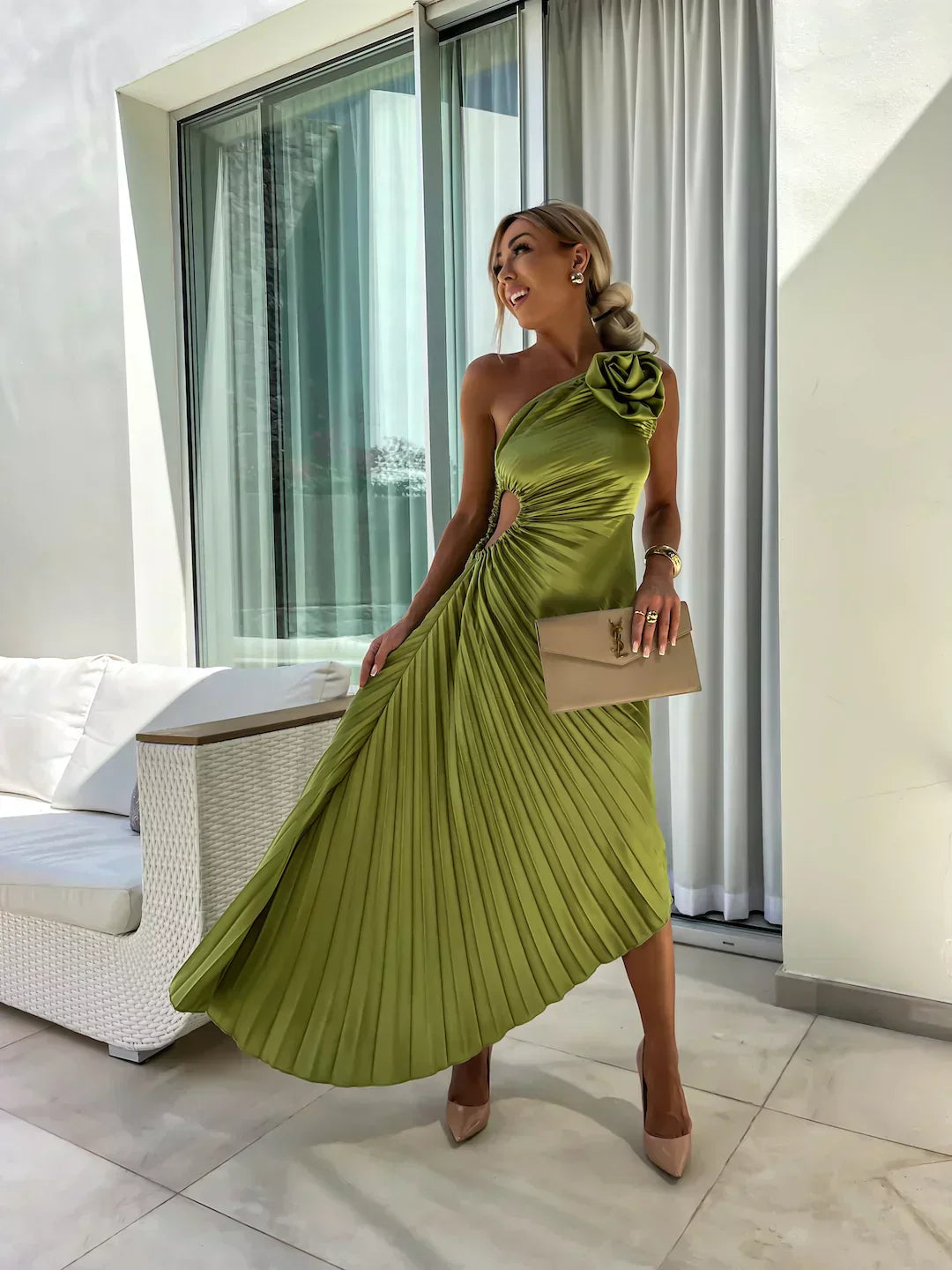 Sophisticated one-shoulder pleated cocktail midi dress. Feminine flowing for women's special events.