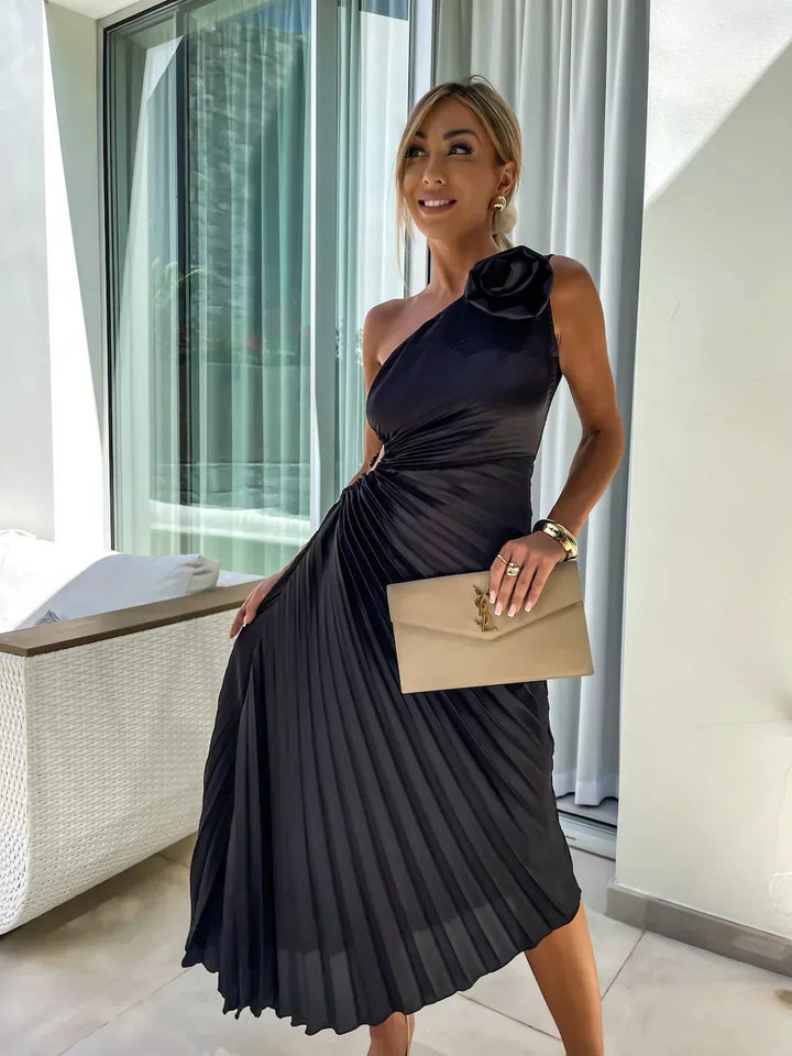 Sophisticated women's one-shoulder pleated midi dress for special occasions and formal events.