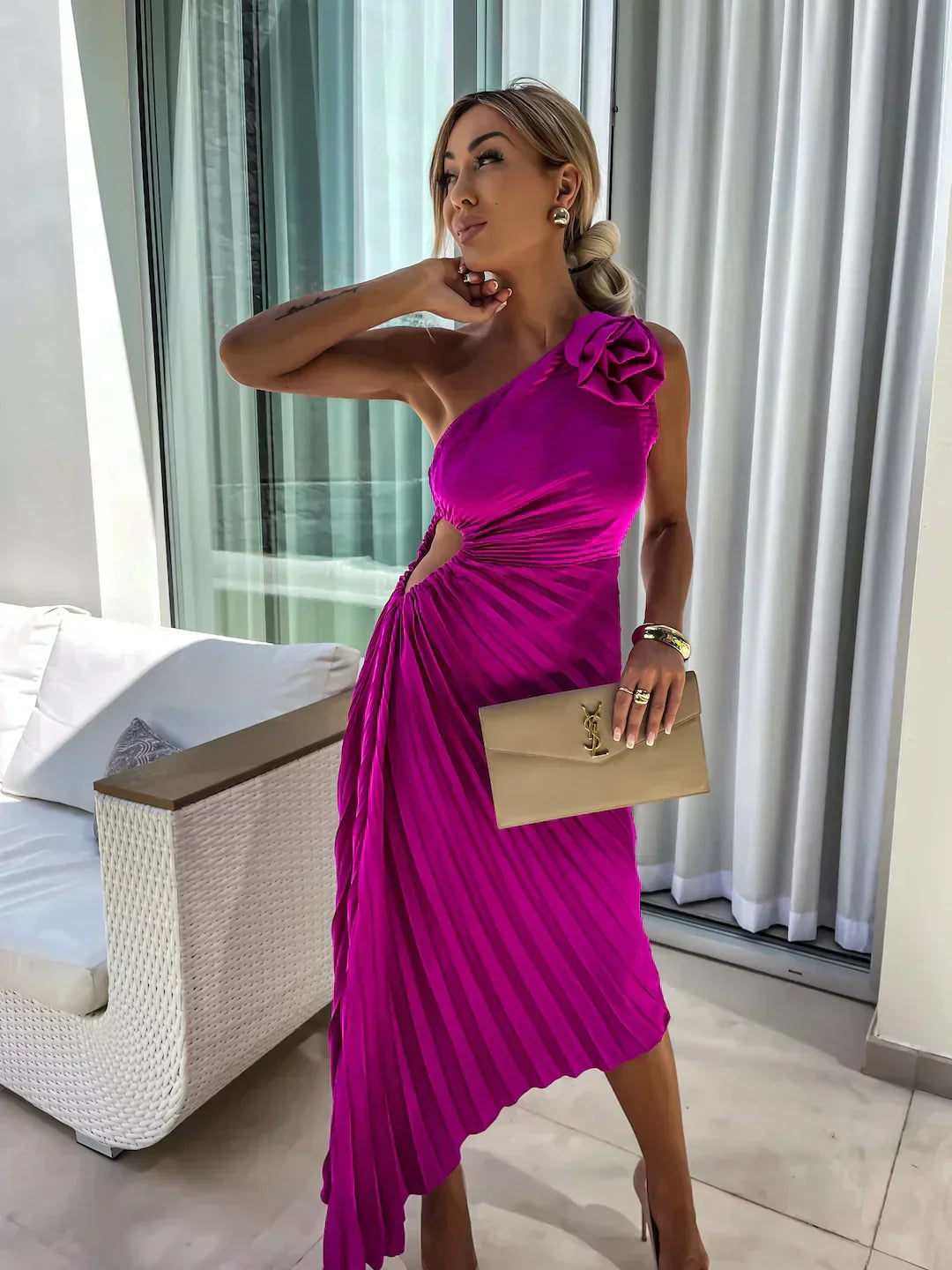 Chic one-shoulder pleated midi dress. Women's formal evening wear, party & cocktail attire.
