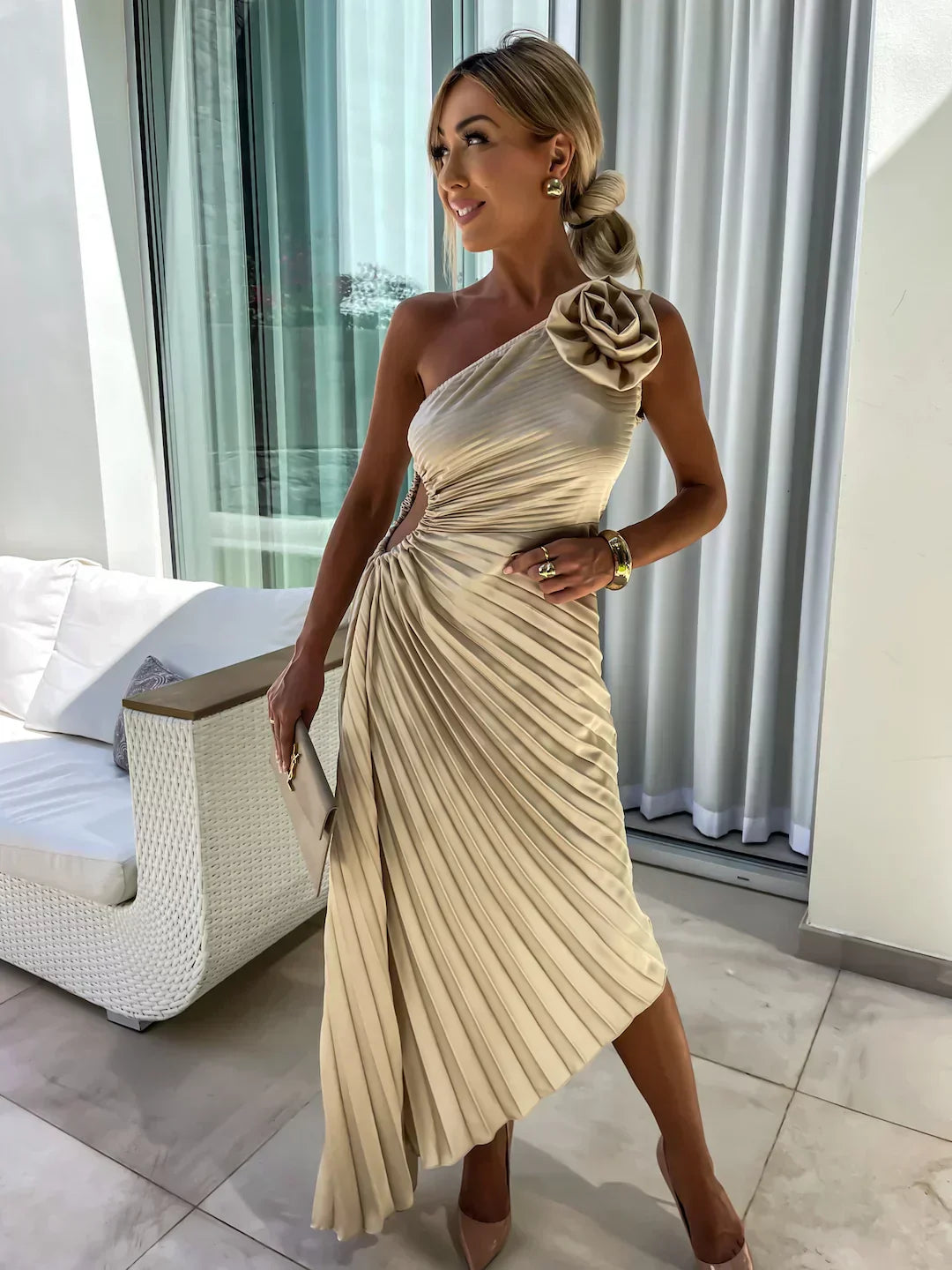 Designer one-shoulder pleated midi dress for women. Elegant special occasion & formal party wear.
