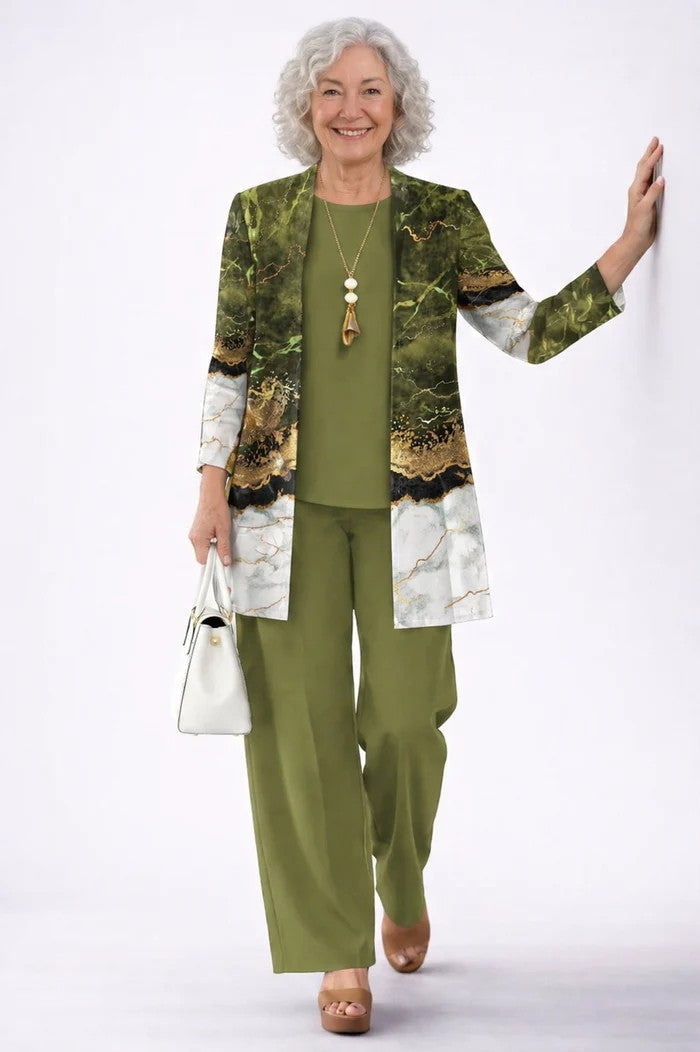 Sleeveless top & printed pants matched with a longline cardigan in a comfortable, stylish women's three-piece set.