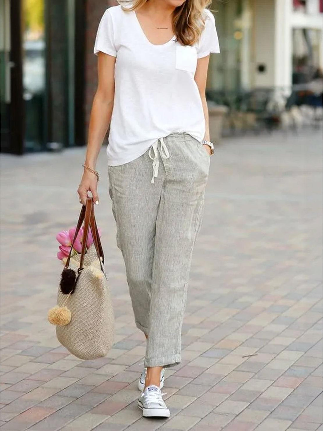 Lightweight women's summer wide leg pants, perfect for casual fashion with a comfy drawstring waist.