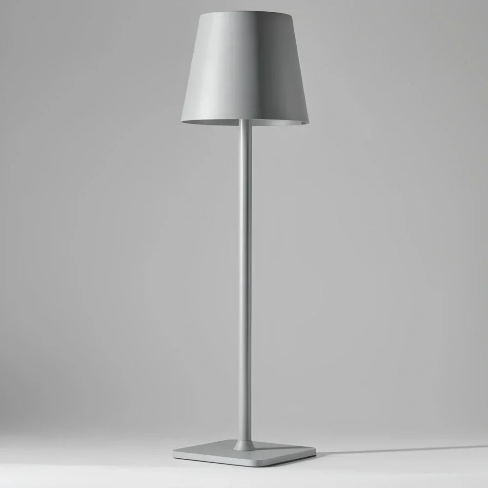 Modern dimmable LED table lamp. Rechargeable, portable for indoor/outdoor ambiance lighting.