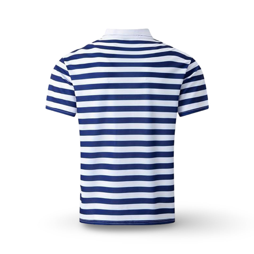 Modern men's striped polo shirt, a key piece for summer fashion & comfortable everyday wear.