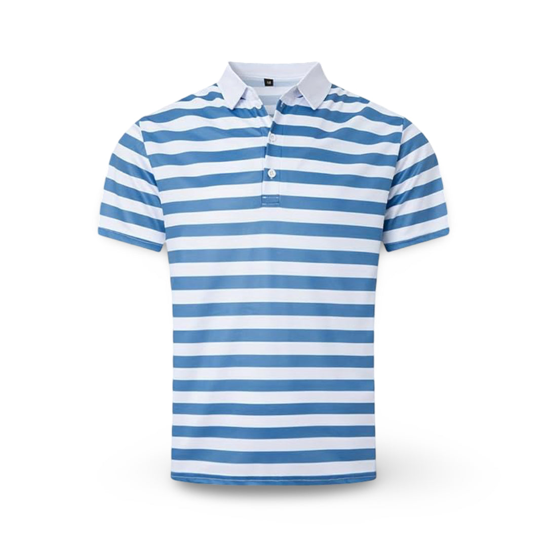 Stylish men's striped polo top, ideal for summer fashion, resort wear & warm weather.