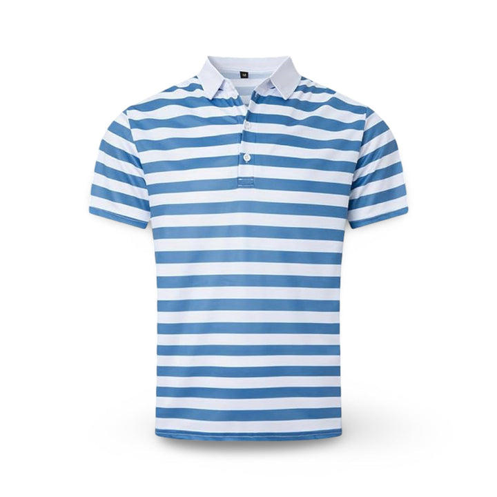 Stylish men's striped polo top, ideal for summer fashion, resort wear & warm weather.